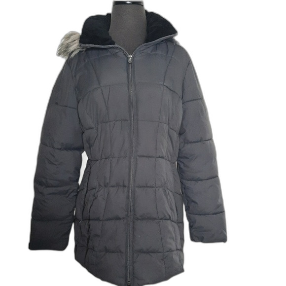 a.n.a Faux Fur Trimmed Puffer Coat Gray Size Medium - Picture 1 of 10